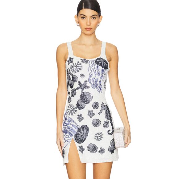 NEW Oceanus New Orleans Hand Embellished Mini Dress in White Multi Blue Small S - Picture 1 of 4
